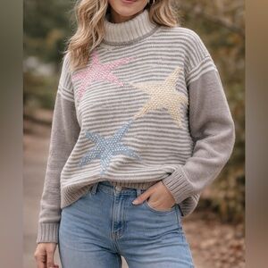 Vintage Linen/Cotton Sea Shell Cozy Striped Turtleneck Sweater with 3D knit